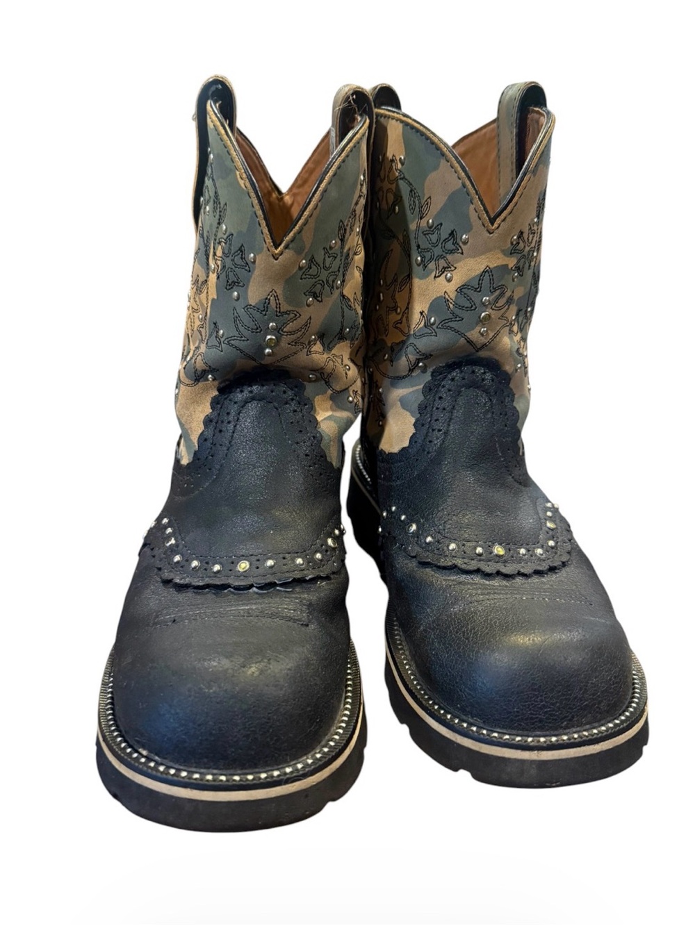 Ariat Fatbaby Western Boots Womens 8.5B Black Camo Floral Studded Leather Cowboy - Picture 4 of 15